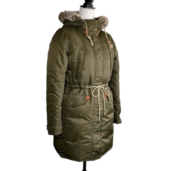 Levi Strauss Women’s Green Poly Duck Down Filled Faux Fur Hooded Parka Jacket - Picture 4 of 16